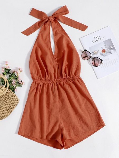 

open back halter romper i1st#, White