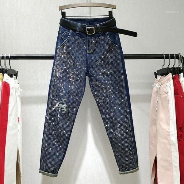 

studded jeans woman heavy burns holes denim pants 2019 autumn new women's high-waisted slim pencil trousers rhinestone femme1, Blue