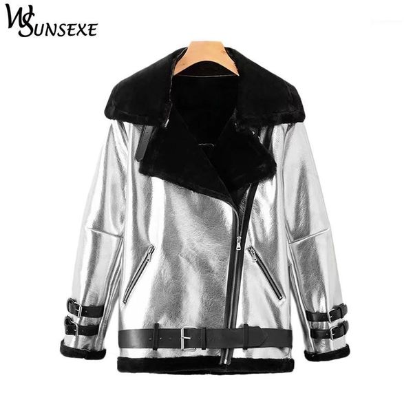 

metal silver bright faux leather jacket coat women casual fleece zipper motorcycle thicken warm fur integrated jackets outerwear1, Black;brown