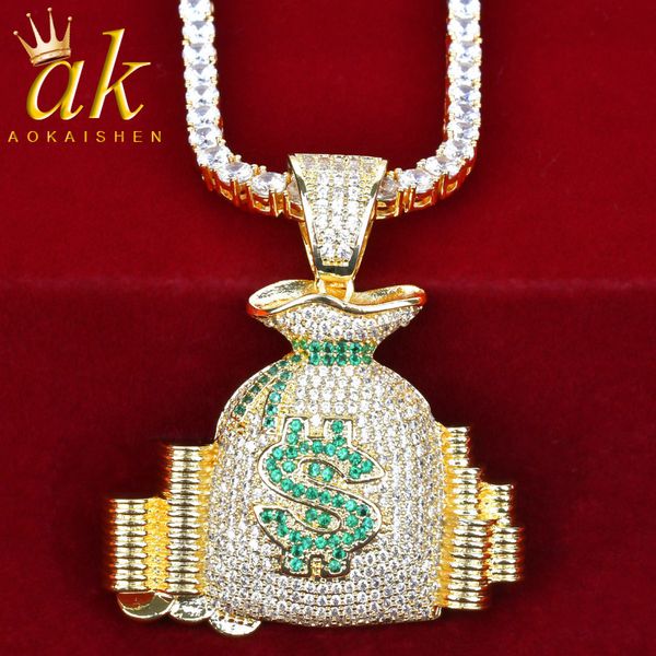 

money bag us dollar pendant necklace chain cubic zircon gold color hip hop jewelry q1209, Bronze;silver