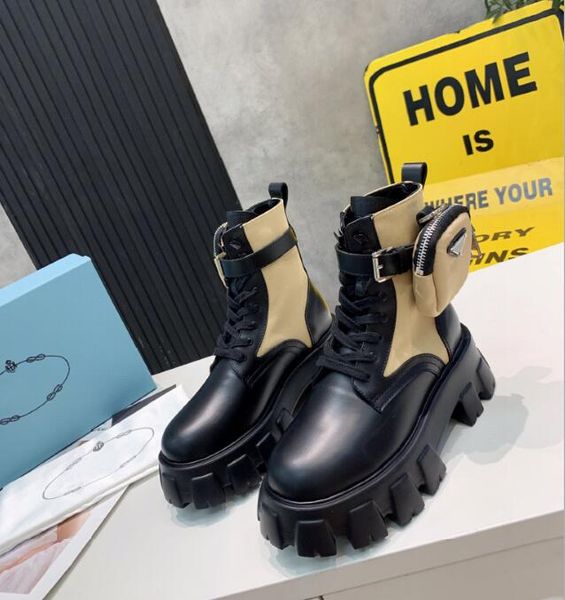 

2020 fashion khaki pocket black leather and nylon combat boots martin boots platform designer ankle boots womens winter branded snow shoes