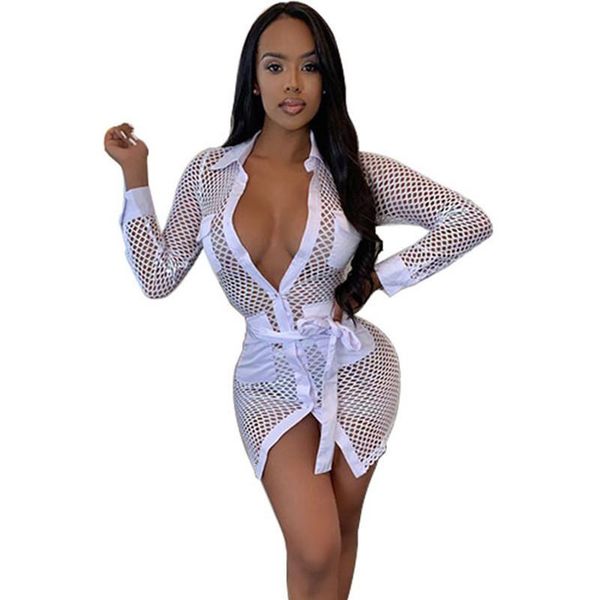 

autumn long sleeve shirt dress women turn-down collar button up pockets see through hollow out mini party dresses vestidos, Black;gray