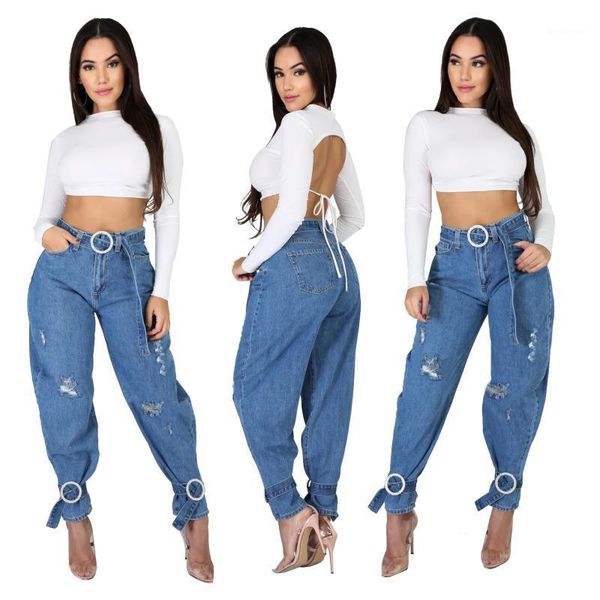 

high waist denim pants summer skinny jeans woman retro casual hole jeans ripped pencil trouser sashes pants plus size streetwear1, Blue