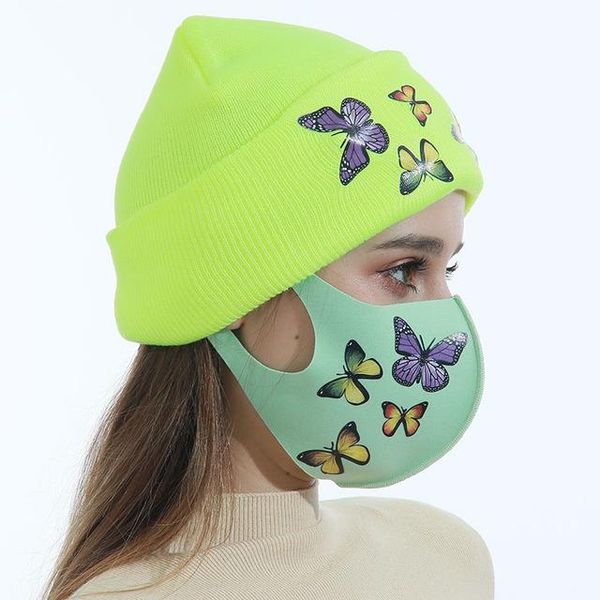 

2021 hat and mask set fashion diamond winter knit butterfly beanies hat warm butterfly mask caps women outdoor cap, Blue;gray