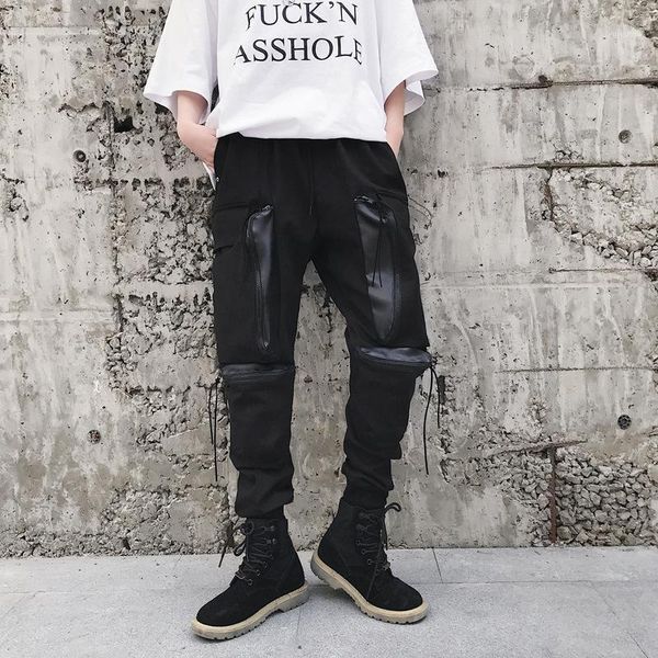 

plus size oversize hip hop pencil contrast zipper pocket ribbon jogger pant streetwear japanese men trouser punk track sweatpant1, Black