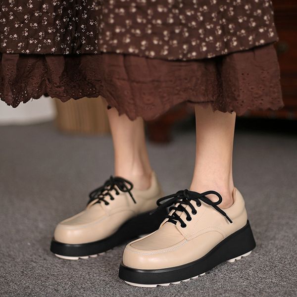 

2020 single vintage thick background casual lace until spring summer leather genuine women's low-heel shoes qkh7, Black