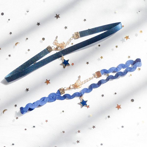 

harajuku cute blue star pendant choker necklaces collar for women fashion korean style wave ribbon chain cosplay jewelry fsn10, Silver