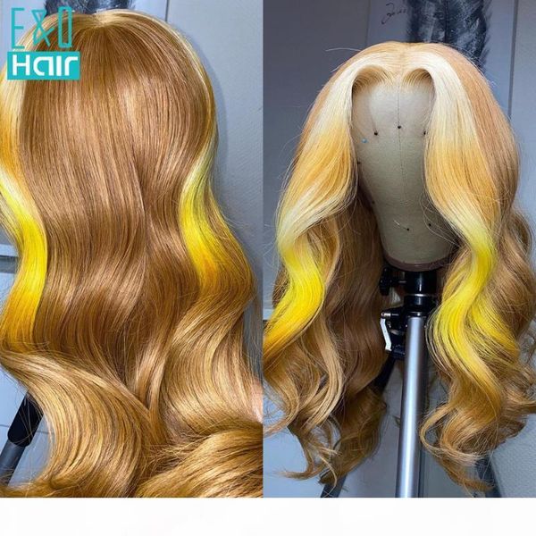 

180% honey blonde ombre colored 13x4 lace front human hair wigs for black women pre plucked brazilian remy body wave wig, Black;brown