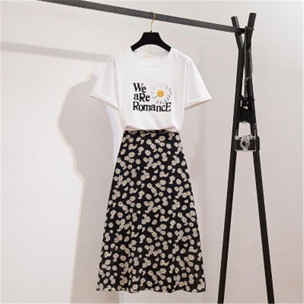 

cbafu fashion flowers print skirt suit summer 2 piece set white letter tshirt a-line floral big swing long skirt ladies set f2041