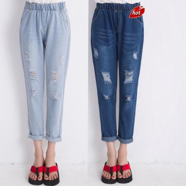 

ripped jeans women 2020 summer autumn distressed boyfriend casual high waist loose straight leg pants plus size o8r21, Blue