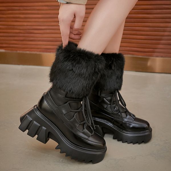 

cow + rabbit skin stuffed leather winter with front strap platform shoes boots 7nva, Black