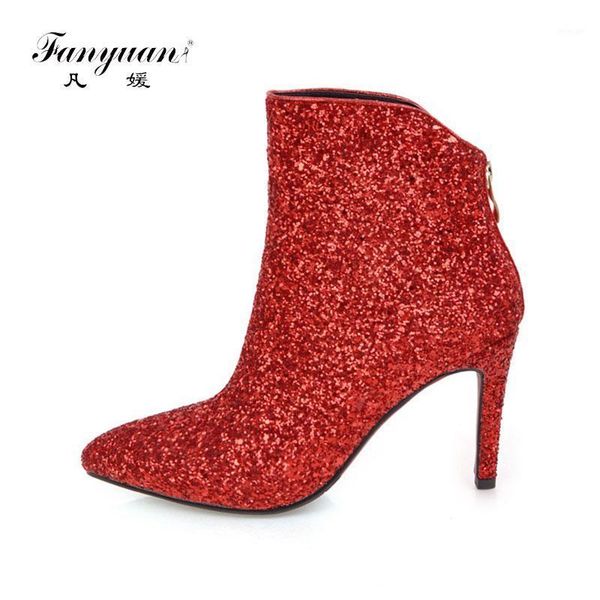 

boots fanyuan fashion thin high heel nightclub autumn solid bling pointed toe party wedding ankle women shoes1, Black
