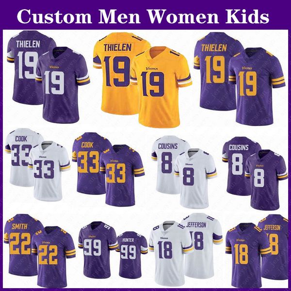 

19 adam thielen 33 dalvin cook custom men women kids viking football jerseys 18 justin jefferson 8 cousins 22 smith 84 moss, Black;red