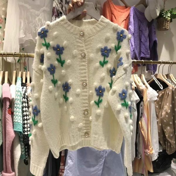 

women's knits & tees 2021 style for autumn and winter vintage thickened knitting cardigan embroidered wool ball sweater female long-sle, White