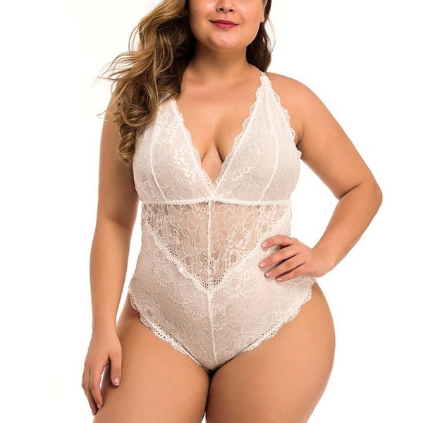

women's jumpsuits & rompers v-neck lace mesh bodysuit women sleeveless plus size xl-4xl sheer teddy female fashion body suits 2021, Black;white