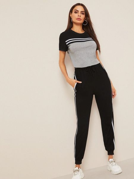

colorblock tee & tuxedo stripe side sweatpants d9hs#, White