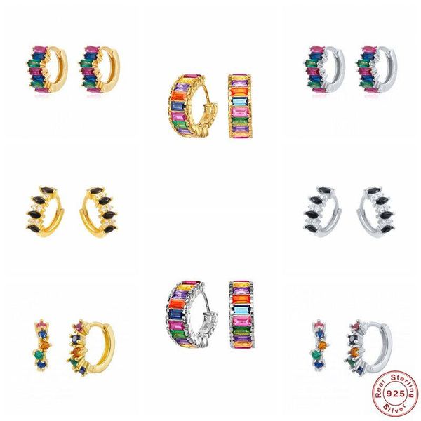 

hoop & huggie genuine s925 sterling silver cartilage woman earring rainbow crystal earrings for girlfriend sister gift piercing pendiente, Golden;silver