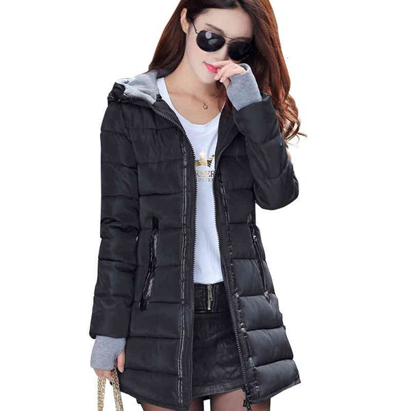 

women's wool & blends women winter hooded warm coat solid cotton padded jacket female long parka with gloves chaqueta de mujer acolchad, Black