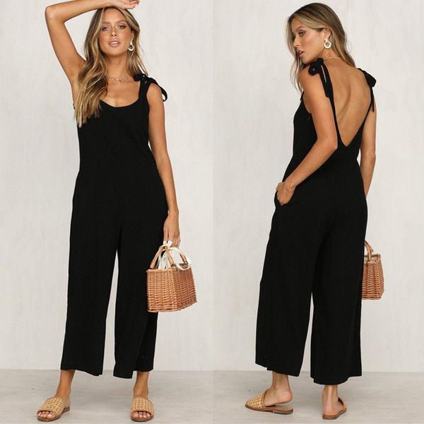 

womens backless jumpsuit playsuit women solid sleeveless loose long jumpsuit trousers1, Black;white
