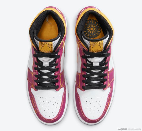 

release air authentic 1 mid day of the dead familia sports shoes magenta overlays yellow leather men sneakers with original box