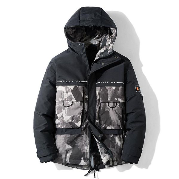 

men's down & parkas 2021 winter parka jacket fashion camouflage textured hooded jackets men warm thicken cotton coats slim clothes, Black