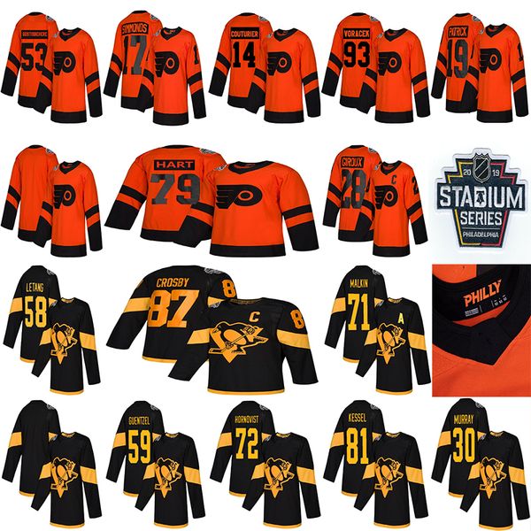 

2019 stadium series pittsburgh penguins philadelphia flyers jersey 87 sidney crosby 71 malkin 58 letang 28 giroux 79 hart hockey jerseys, Black;red
