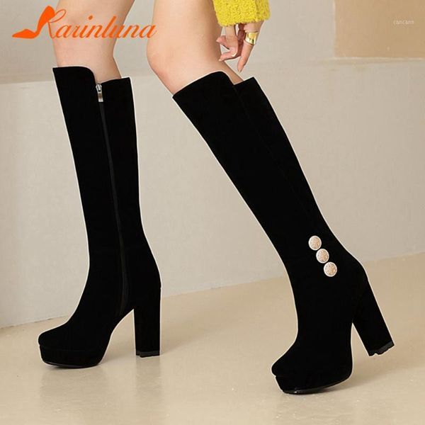 

karin large size 33-43 ladies round toe thick heels metal decroation zip knee high boots flock autumn winter female1, Black