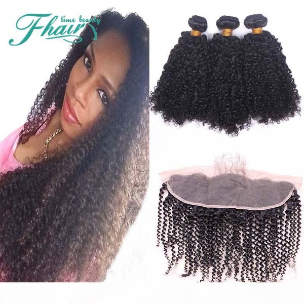 

premium now afro kinky curly 8a peruvian human hair weave bundles with lace frontal closure 13x4 sensational 4pcs lot, Black