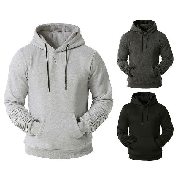 

2020 new men's quilted pleated sports casual hooded pullover sweater coat, Gray