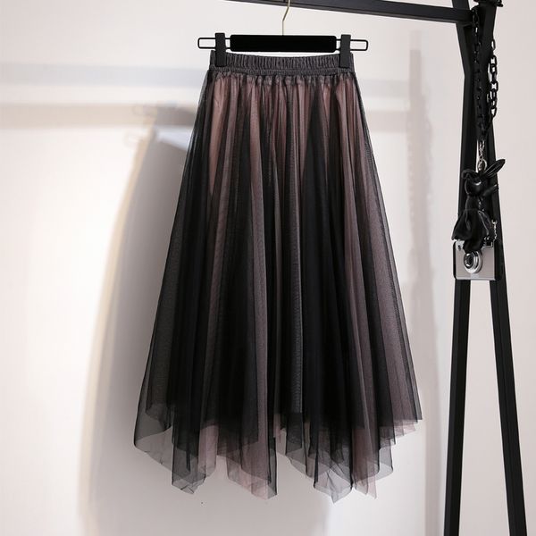 

2021 new irregular long mesh skirts women elastic high waist ruffled vintage tiered tulle pleated tutu skirt 20a3, Black