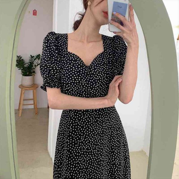 

sweetheart neck floral dress with tie waist puff sleeve chiffon printed midi dress charming spring summer women outfit, Black;gray