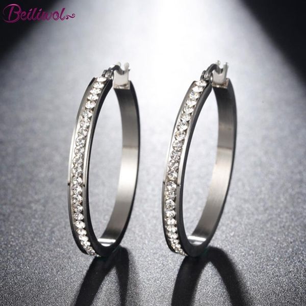 

charm beiliwol statement hoop earrings for women 316l stainless steel silver color cubic zirconia brinco bijoux 2021 design, Golden
