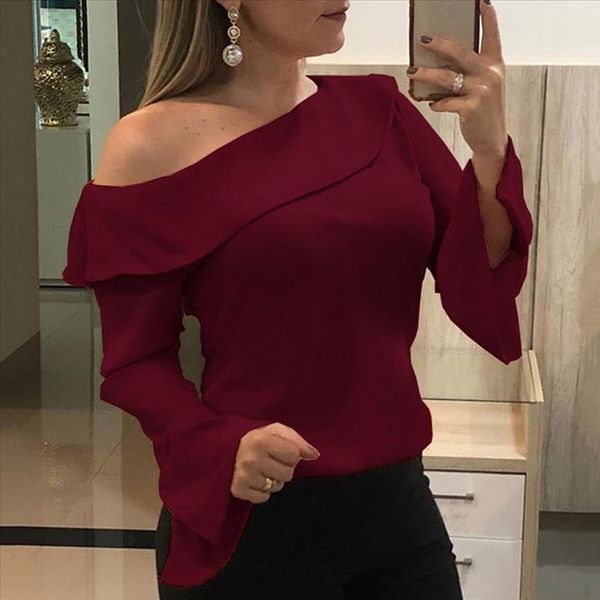 

шифон блузка женщины повседневная с длинным рукавом с плечо рубашка топы блуза chemisier femme bluzki damskie женские топы и блузки, White