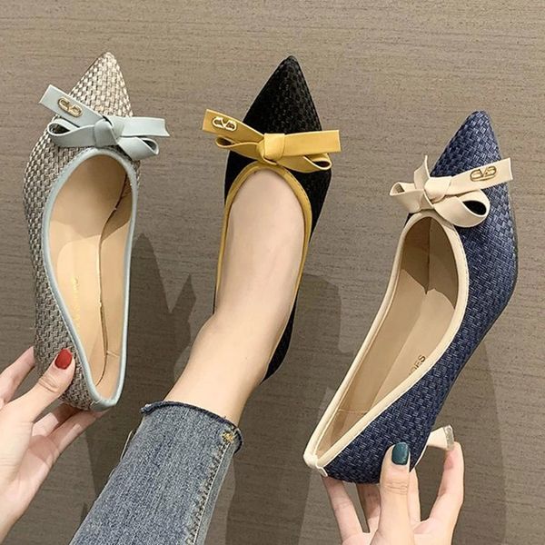 

5cm women pumps woven pointed toe dress shoes 2020 new fashion ladies designer shoes bowtie boat plus size 41 42 43 8634n #bw8l, Black