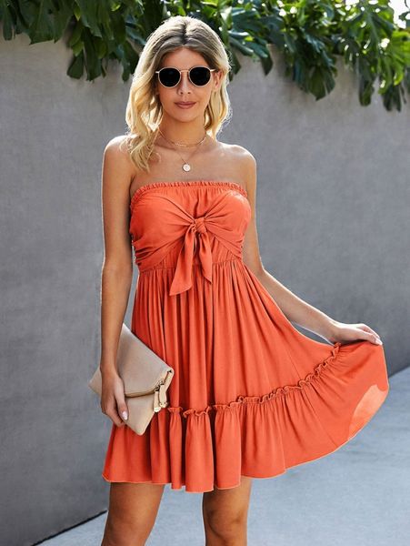 

shirred back knot-bust tube dress r9a6#, Black;gray
