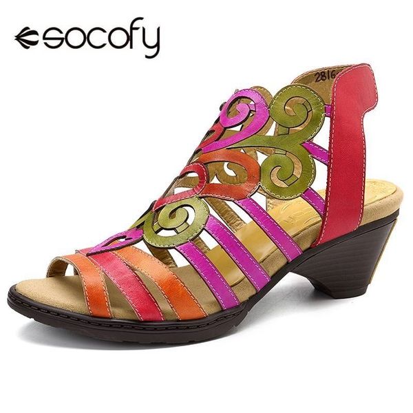 

socofy hollow sandals genuine leather love shape soft hook loop low heel sandals ladies shoes women shoes elegant high heels y200405, Black