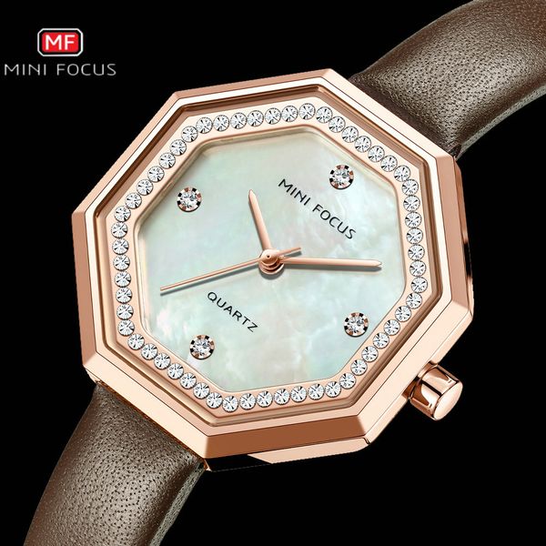 

minifocus vintage women quartz watches diamond iced out brand luxury elegant lady watch for girls brown leather strap clock, Slivery;brown