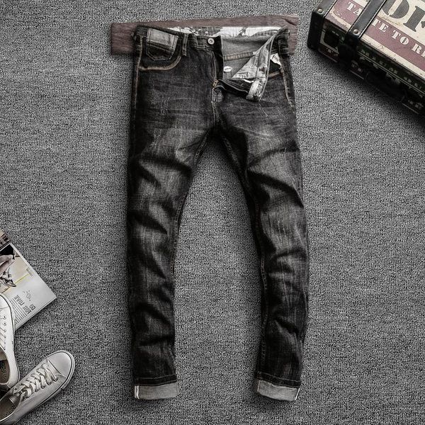 

italian style fashion men jeans retro black gray slim fit denim ripped pants classical vintage designer trousers, Blue