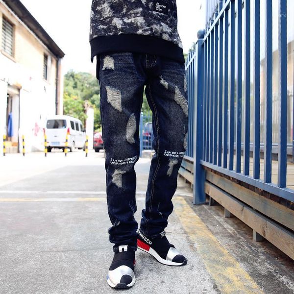 

28-36 2020 japanese hole straight skinny jeans printed letters man wind cowboy pants1, Blue