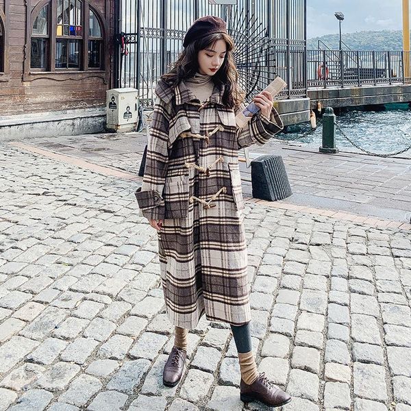 

women's wool & blends winter casual coat women grey coffee plaid turn-down collar hooded loose long overcoat and jackets ladies thick w, Black