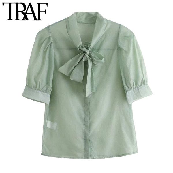 

traf women fashion bow tied semi-sheer blouses vintage short sleeve button-up office wear female shirts chic, White