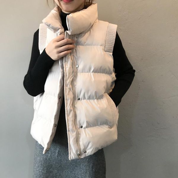 

sleeveless vest women winter keep warm puffer jacket solid stand collar harajuku outwear loose fashion padded vest korean style, Black;white