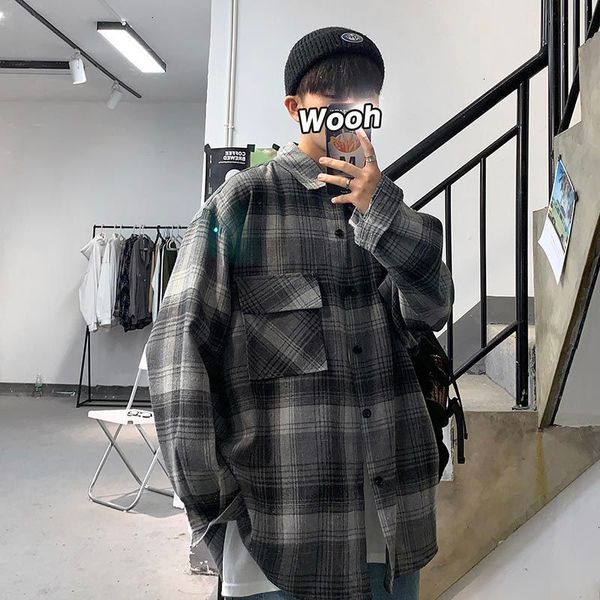 

2021 new privathinker men's classic plaid shirt autumn winter new japanese streetwear woman casual oversize shirts fashion man clothing, White;black