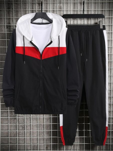 

men color block drawstring hooded jacket & sweatpants without tee 93nu#, Gray