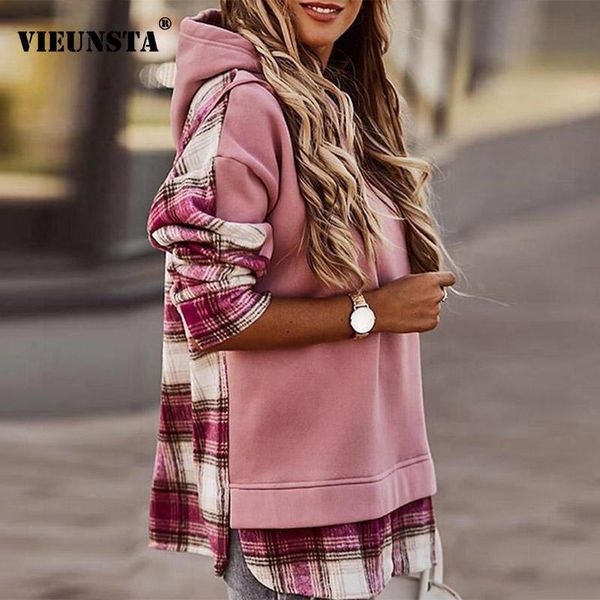 

leopard plaid print patchwork hoodie sweatshirt women vintage long sleeve streetwear 2020 autumn winter long hooded pullover, Black