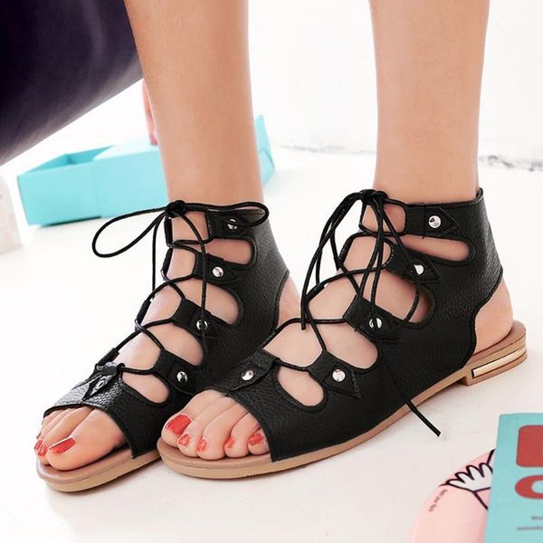 

women sandals gladiator summer casual women shoes large size rome flat sandals lace-up beach comfortable 2020#g51, Black