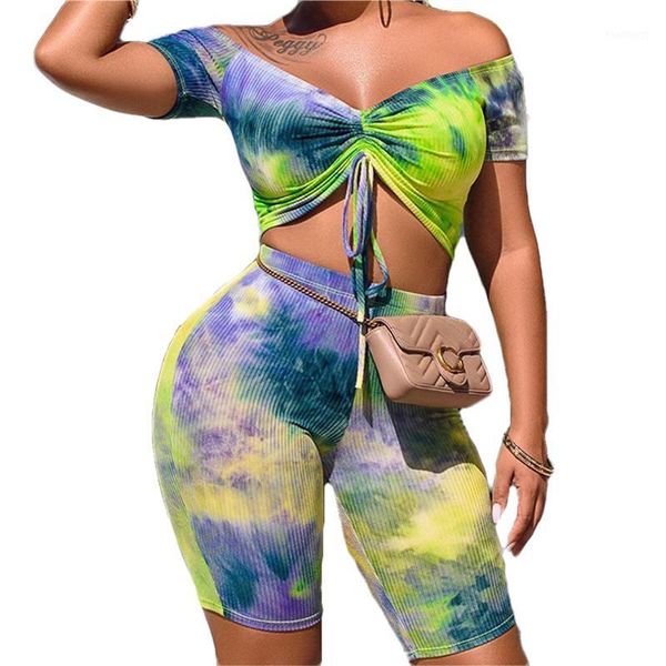 

women fitness sport 2 pieces clothes summer bodycon off shoulder outfits print tie dyeing crop shorts bandage tracksuit1, White