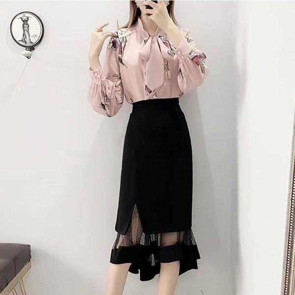 

women 2020 spring autumn new 2 piece set bow tie long sleeve floral print chiffon shirt and mesh patchwork slim skirt sets r1791, White