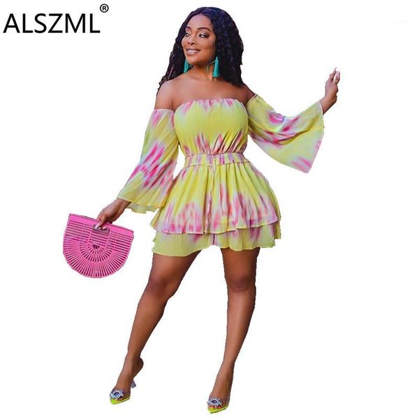 

2020 women special design suit yellow printed bohemian style flared sleeve and bare shoulder women set1, White