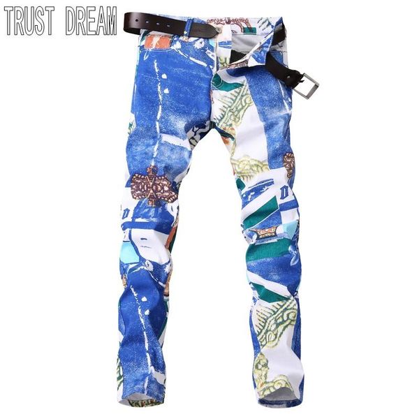 

trust dream paris style men colorful floral slim jeans blue graffitic print personal pant men street club jeans real p